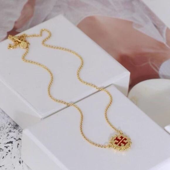 New Tory Burch Red Logo, Gold Adjustable Necklace - Picture 2 of 9